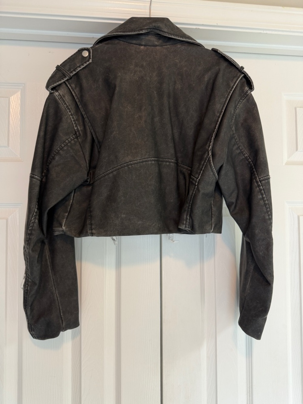 Zara Washed Black Cropped Moto Leather Jacket - Picture 3 of 8